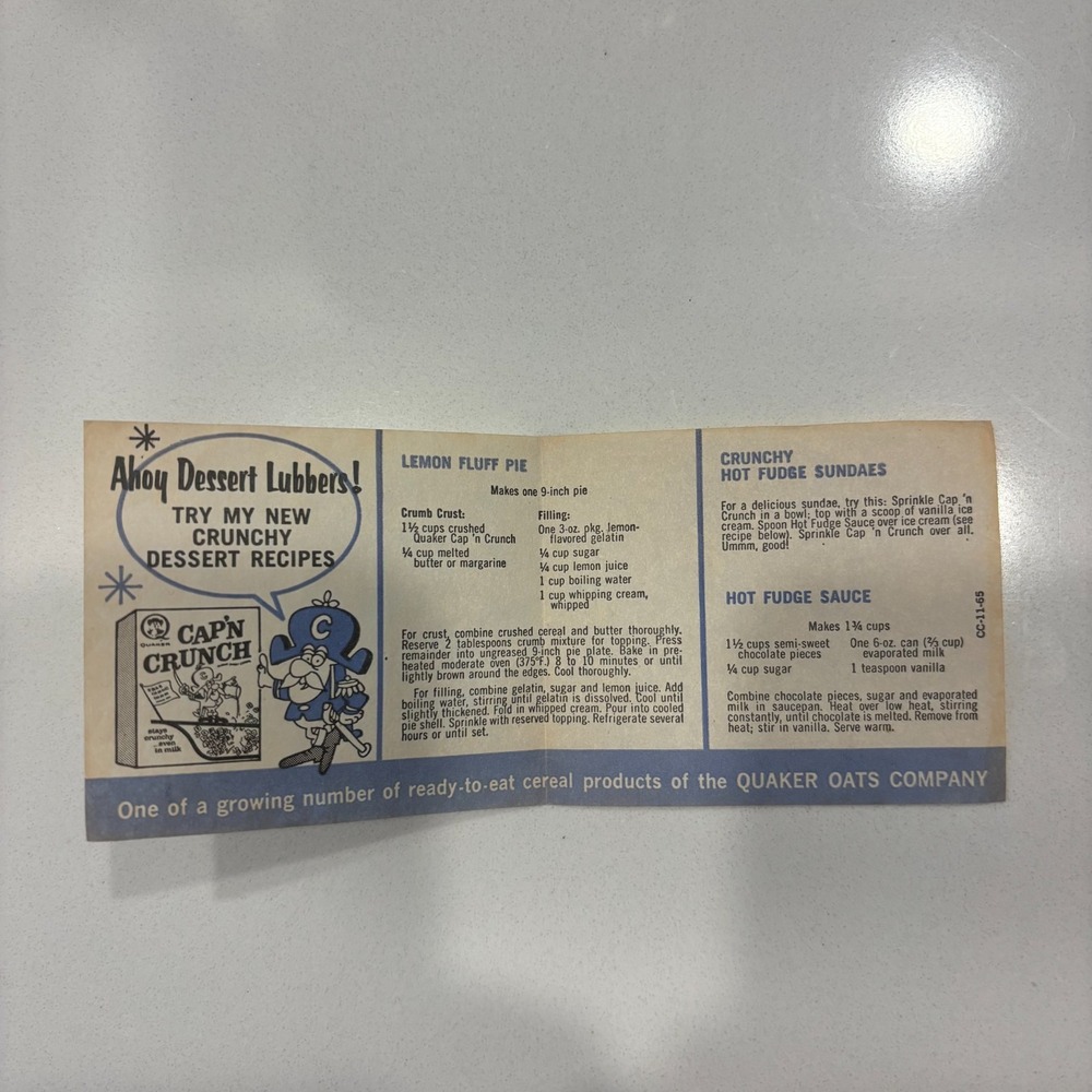 Vintage Cap'n Crunch Recipe Insert Quaker Oats Cereal Box Ephemera 1950s
